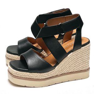 New Women Black Strappy Espadrille Platform Wedge Sandals
